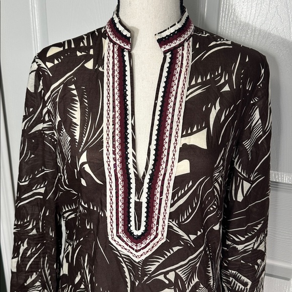 Tory Burch Beach Tunic Brown Palm Fronds Tropical Flamingo Size 6 Sequins - Picture 2 of 12
